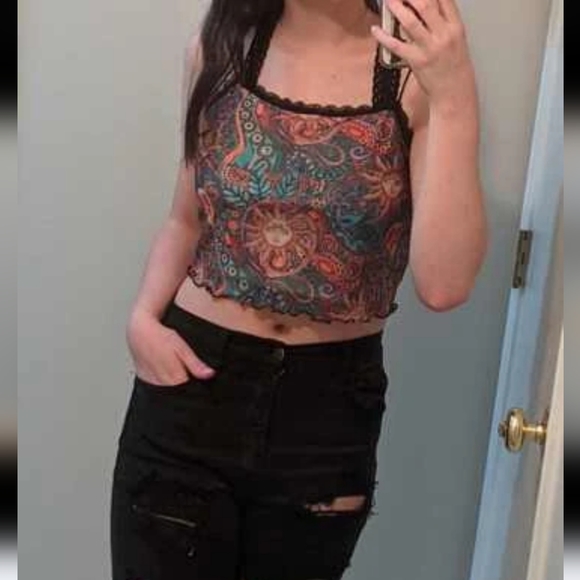 Romwe~ Celestial Whimsigoth Lace Trim Crisscross Crop Tank Top L/XL - Picture 1 of 11
